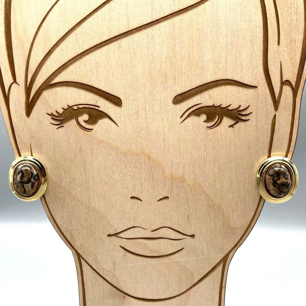 Ocean Jasper Oval Cabochon Earrings in Tiered Gold Tone Frames, Vintage Clip On